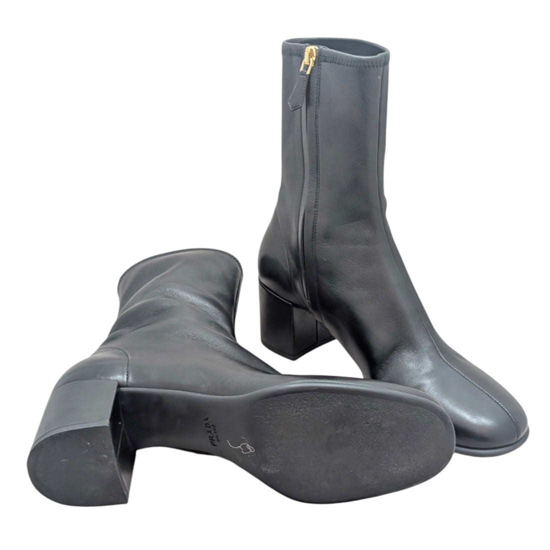 Prada Black Stretch Nappa Lambskin Triangle Logo Block Heel Boot - 37