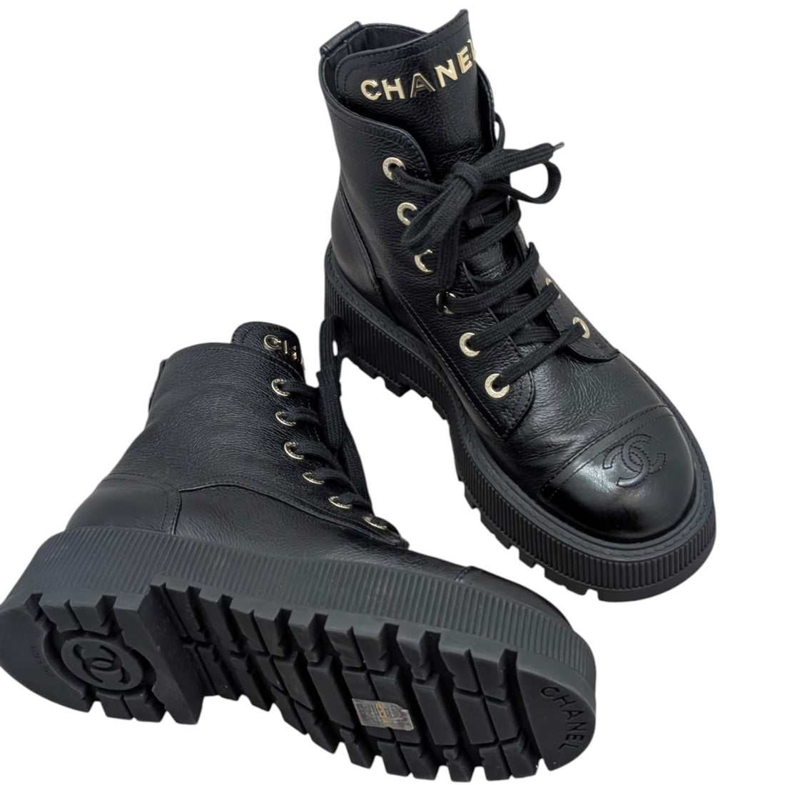 Chanel 23A Black Calfskin CC Cap-Toe Platform Combat Boot - 37
