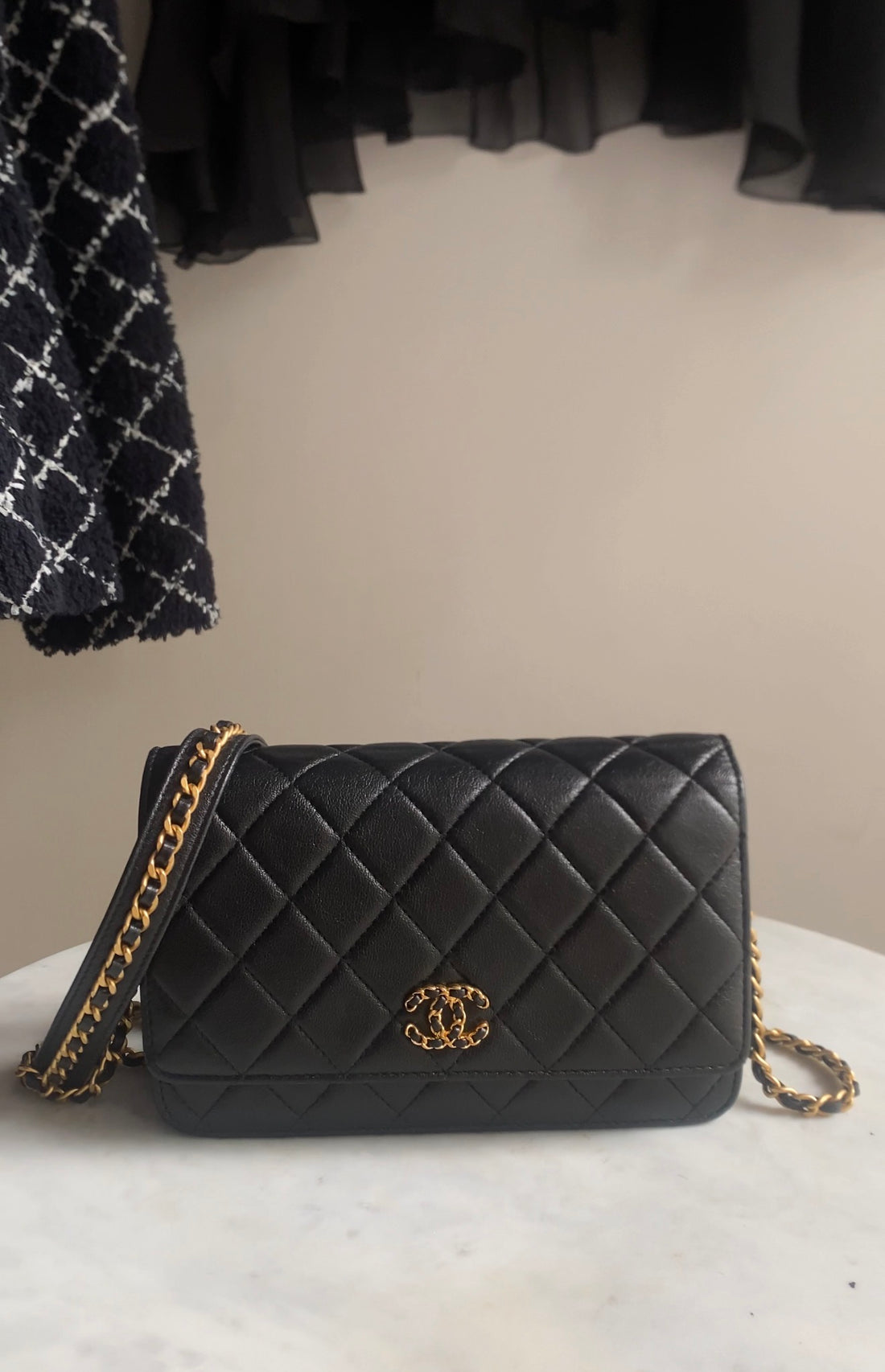 Chanel Black Quilted Leather 19 Chain CC Wallet on Chain