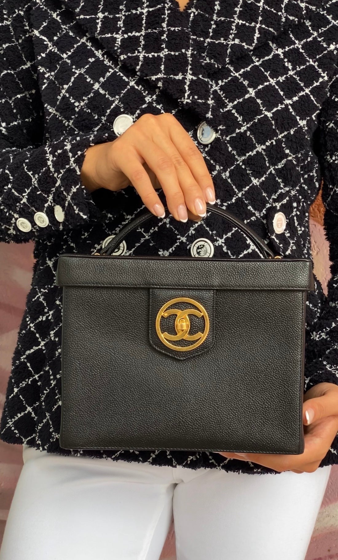 Chanel Black GHW Vintage Grained Leather CC Vintage Box Vanity Bag