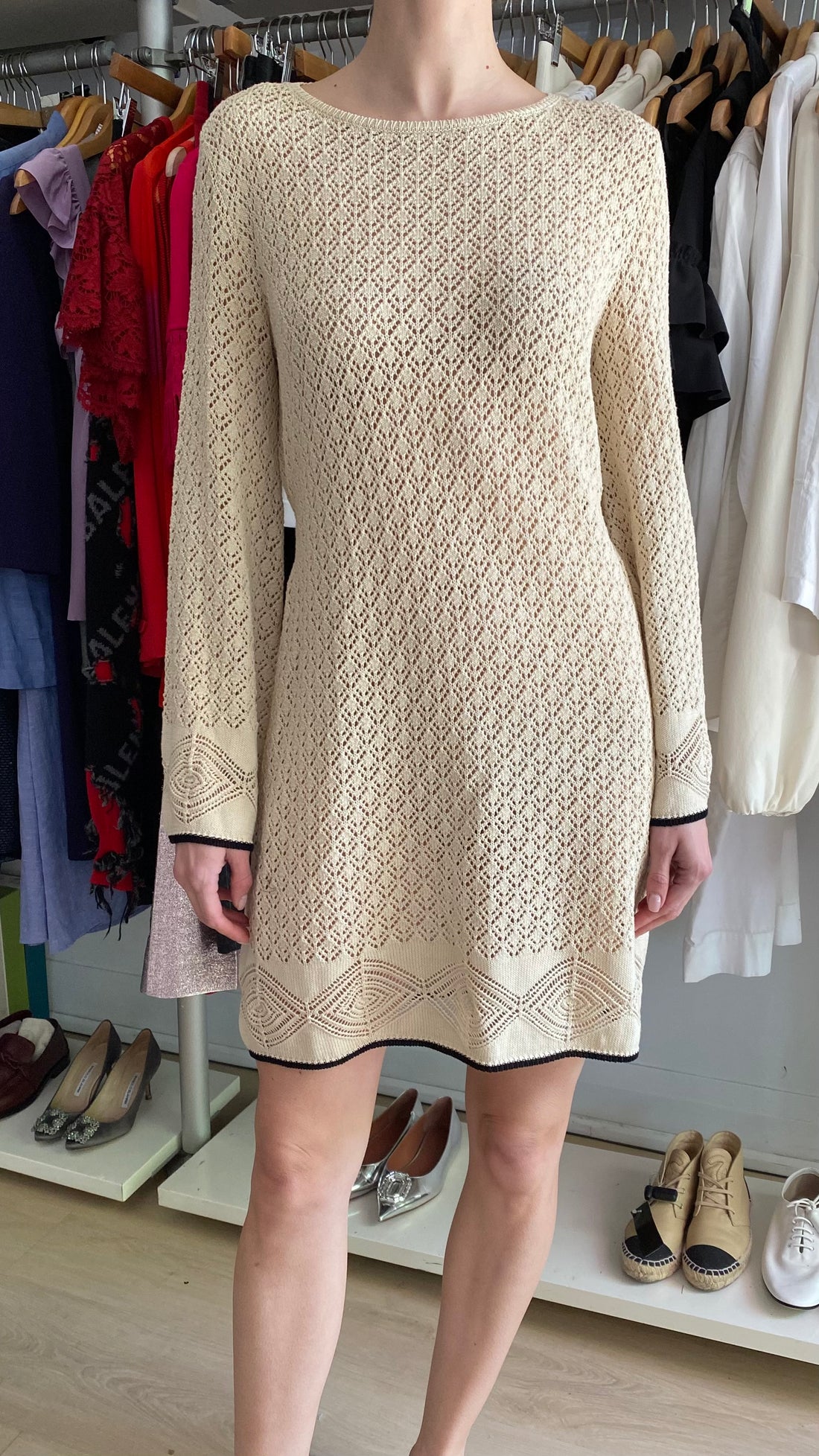 Agnona Beige Cotton Crochet Long Sleeve Mini Dress - M / US 6