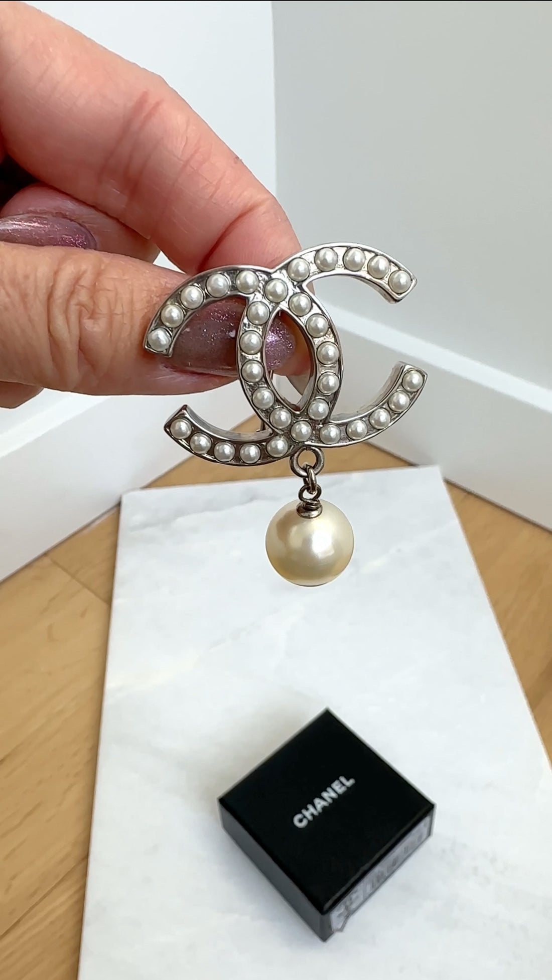 Chanel 00V Silvertone CC Faux Pearl Drop Brooch
