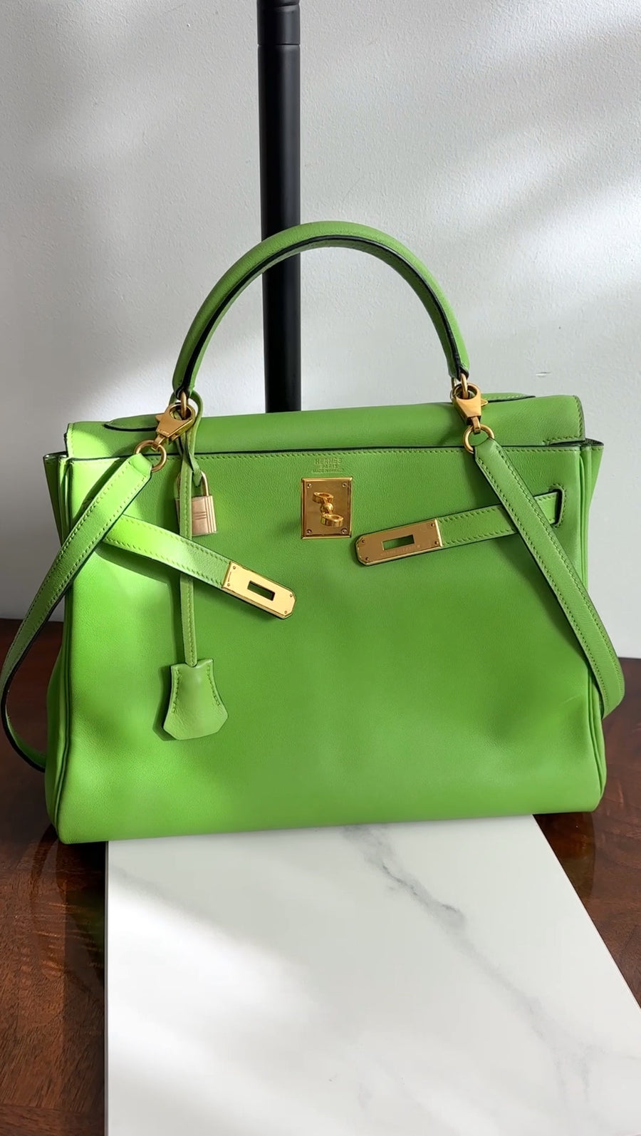 Hermes Vintage 1997 Apple Green Gulliver Leather Kelly 32cm Bag GHW
