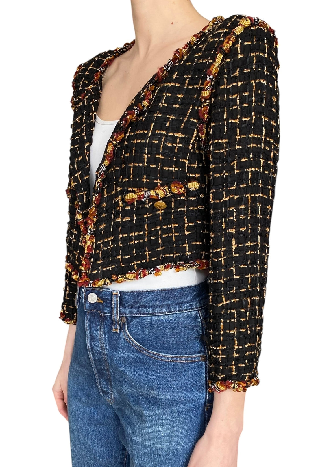 Chanel Cruise 2011 Black & Orange Multicolour Tweed Cropped Cardigan - FR 42 / US 8