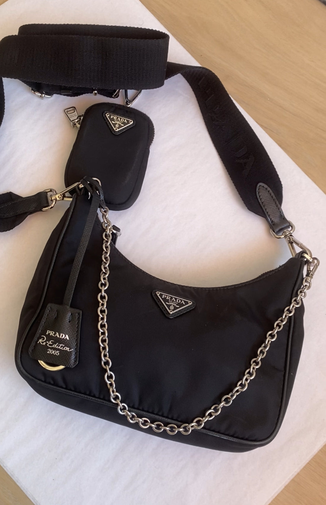 Prada Re-Edition 2005 Black Nylon Two-Way Chain Shoulder Crossbody Bag