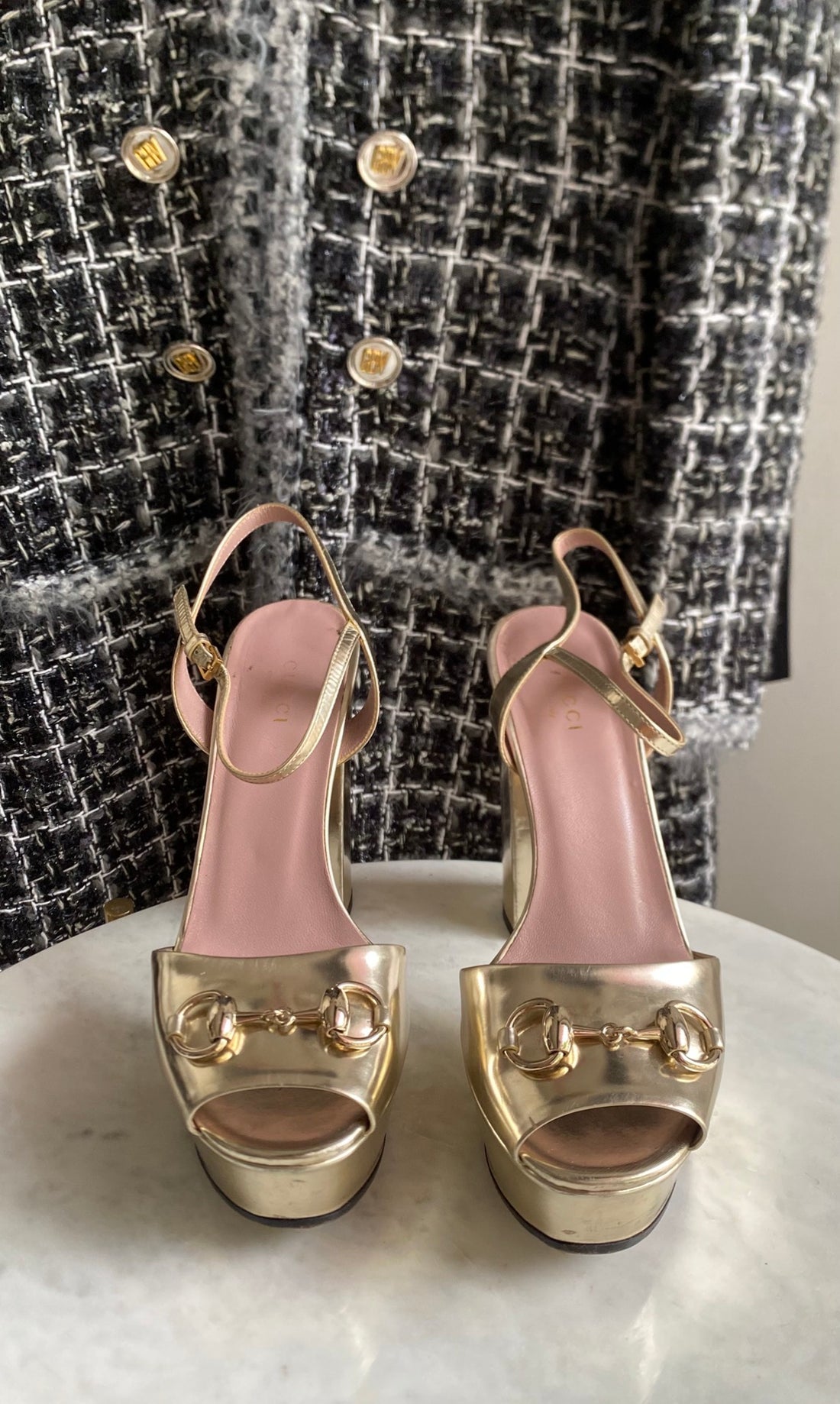 Gucci Light Gold Tone Metallic Leather Horsebit Platform Block Heel Sandals - 36