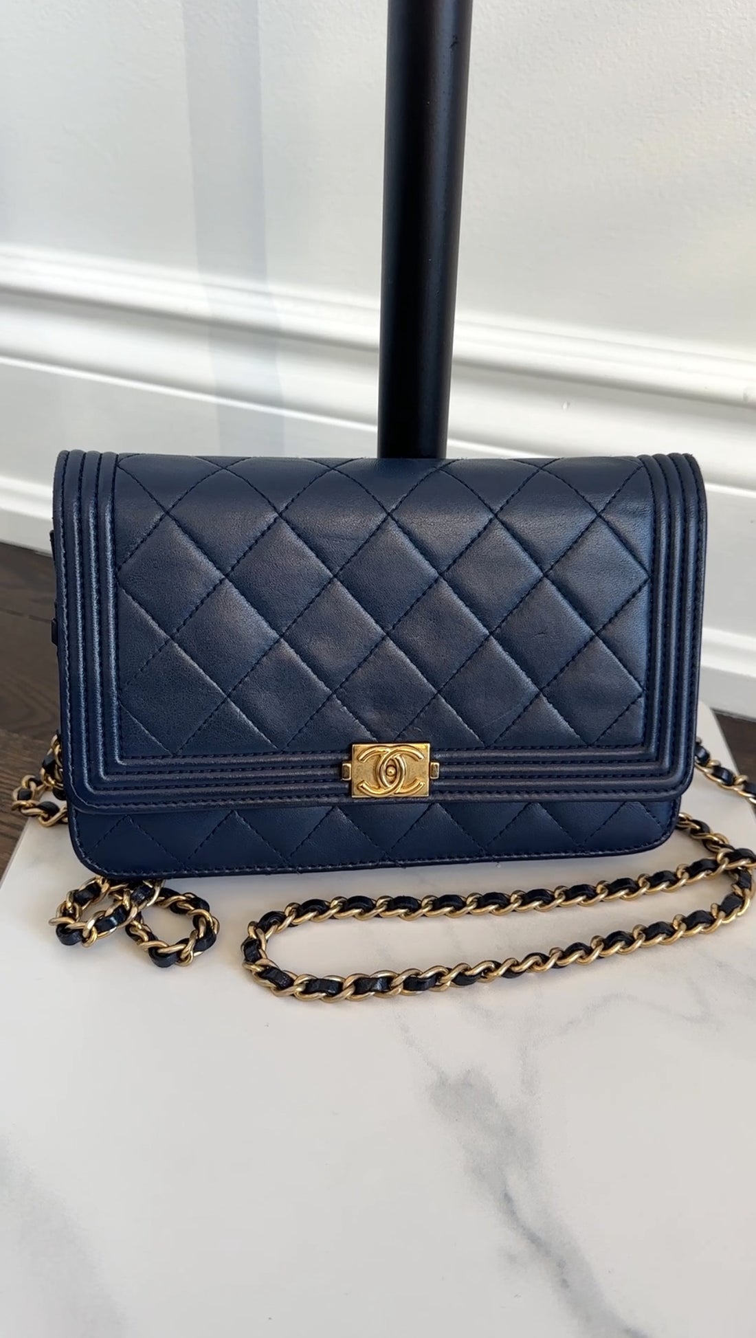 Chanel Navy Quilted Leather Boy Wallet on Chain GHW