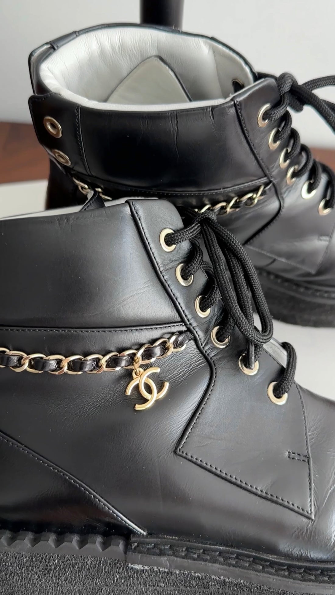 Chanel 2022 Black Leather Chain Platform Boots - 37.5 / 37