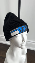 Prada 2018 Blue Rubber Logo Patch Black Wool Beanie - XS