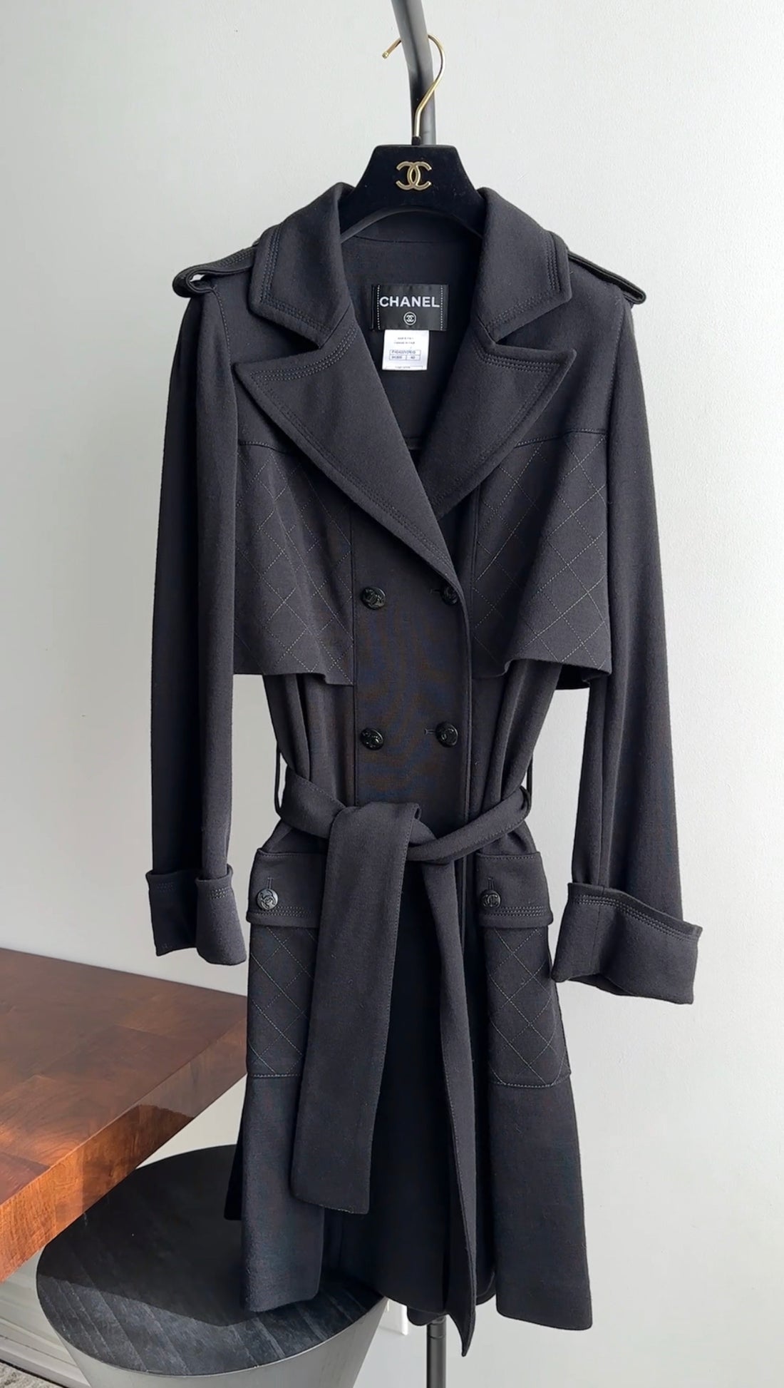 Chanel 11A Black Wool Knit Jersey Belted Trench Coat - FR40 / 8 (M)