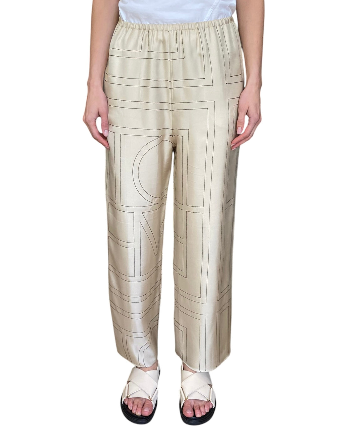 Toteme Beige Silk Logo Monogram Print Pyjama Lounge Pants - S