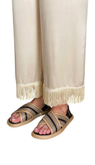 Doen Champagne Silk Satin Fringe Trimmed Wide-Leg Pyjama Pants - S / US 4-6
