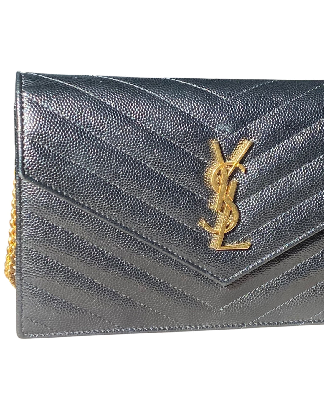 Saint Laurent Black Cassandre Grain de Poudre Chevron Wallet on Chain