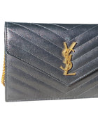 Saint Laurent Black Cassandre Grain de Poudre Chevron Wallet on Chain