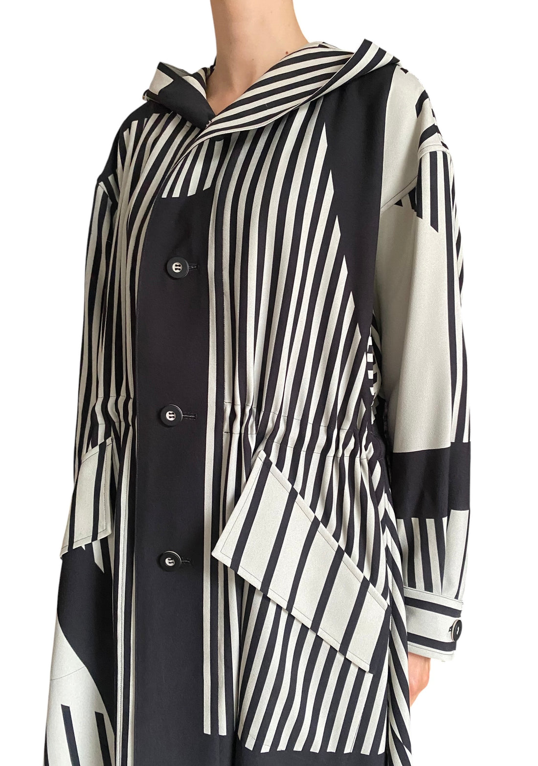 Issey Miyake Black & White Asymmetrical Striped Hooded Coat - JP 2 / M