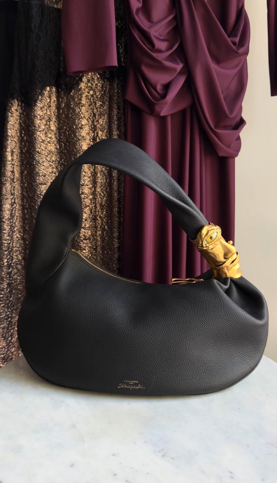 Schiaparelli Black Grained Leather Gold Accent Souffle Baguette Bag