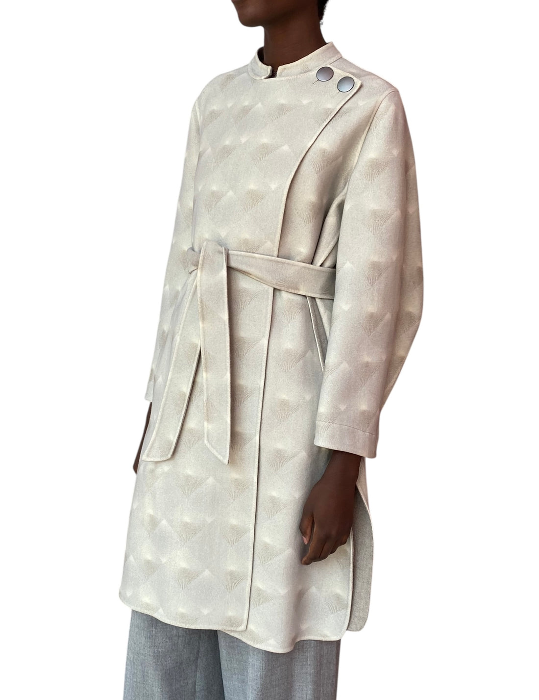 Giorgio Armani Grey Geometric Print Belted Wool Car Coat - 44 / US 8