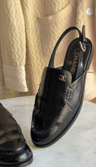 Chanel Black 26P Glossed Leather Slingback Loafers - 38.5