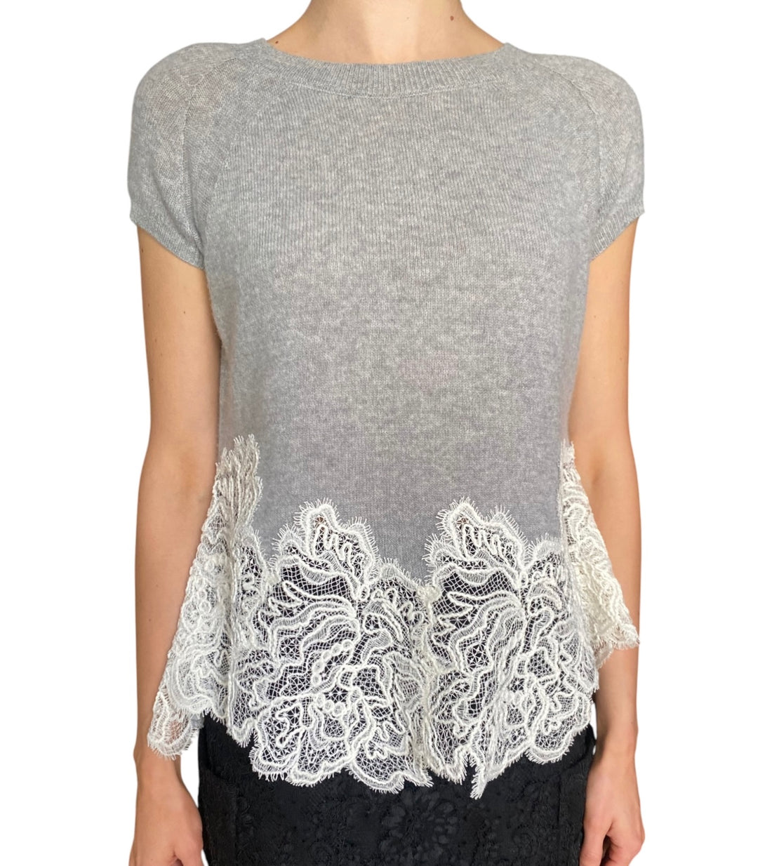 Ermanno Scervino Grey Cashmere Knit Lace Hem Cap Sleeve Top - S