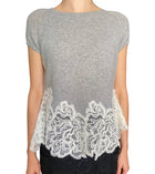 Ermanno Scervino Grey Cashmere Knit Lace Hem Cap Sleeve Top - S