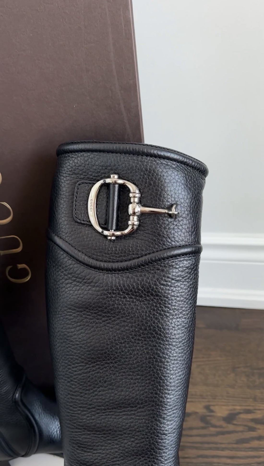 Gucci Silvertone Horsebit Black Leather Tall Riding Boot - 36.5