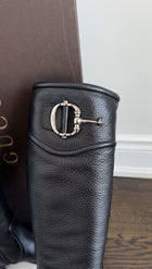 Gucci Silvertone Horsebit Black Leather Tall Riding Boot - 36.5