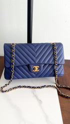 Chanel Blue Chevron Quilted Medium Double Classic Flap Bag GHW