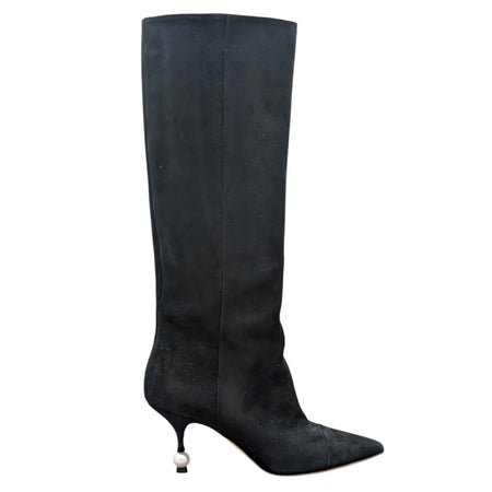 Giambattista Valli Black Suede Pointed Toe Calf High Pearl Heel Boot - 37.5