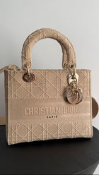 Christian Dior Lady D-Lite Medium Beige Canvas Embroidered Bag