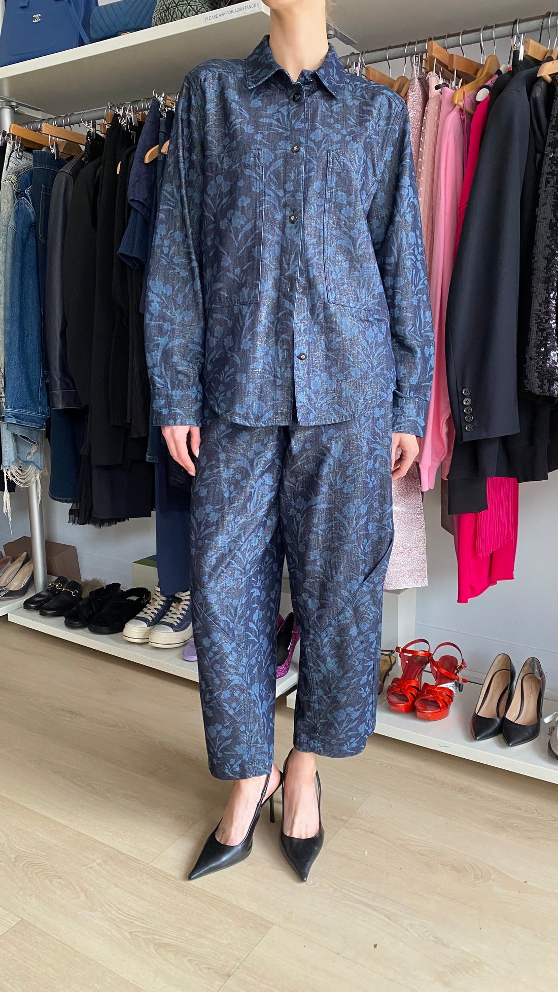 Giorgio Armani Navy Floral Printed Metallic Denim Long Sleeve Shirt - IT 44 / US 8-10
