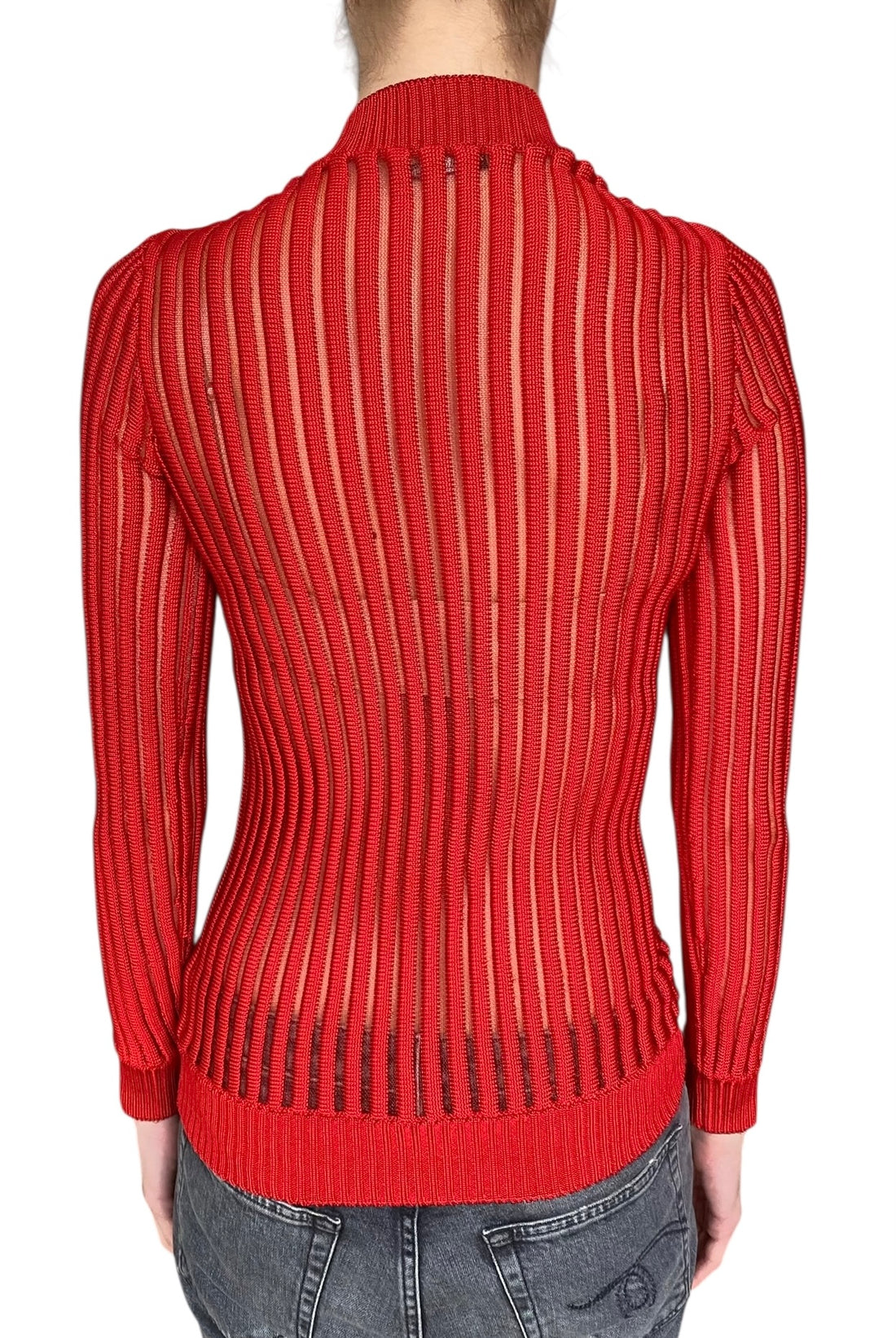 Balmain Red Rib Knit Mesh Long-Sleeve Top - US 0-2