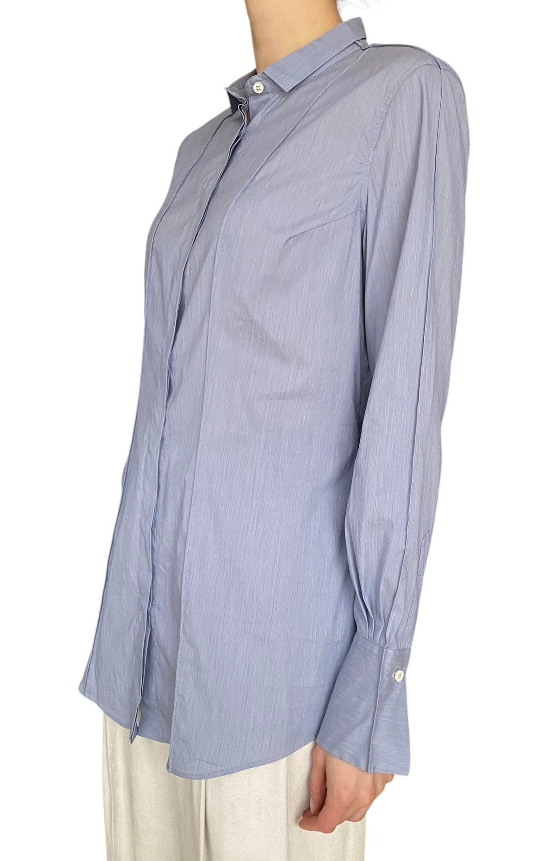 Brunello Cucinelli Blue Pleated Cotton Stretch Shirt - L / US 4-6