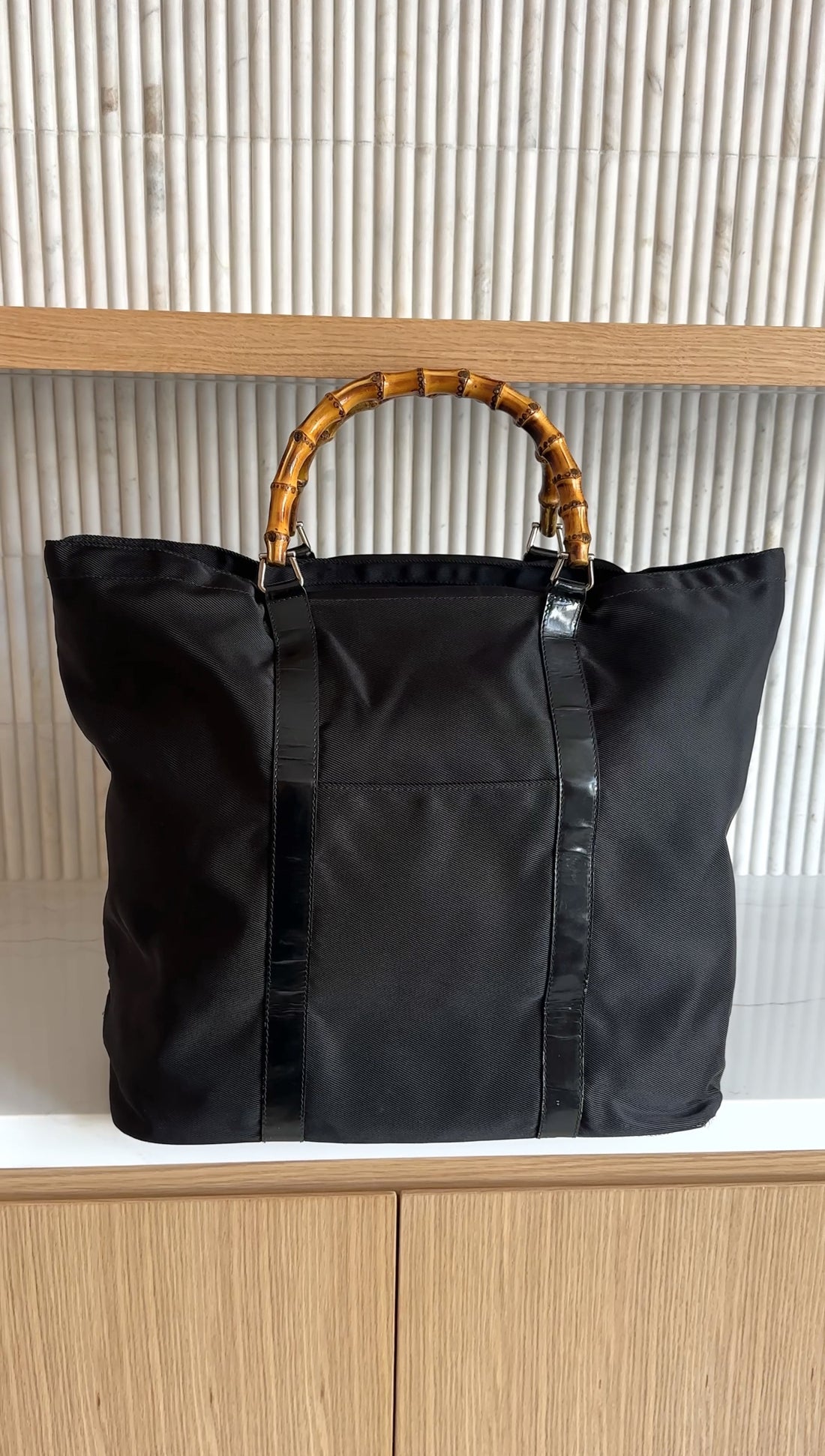 Gucci Large Black Nylon Bamboo Handle Soft Tote