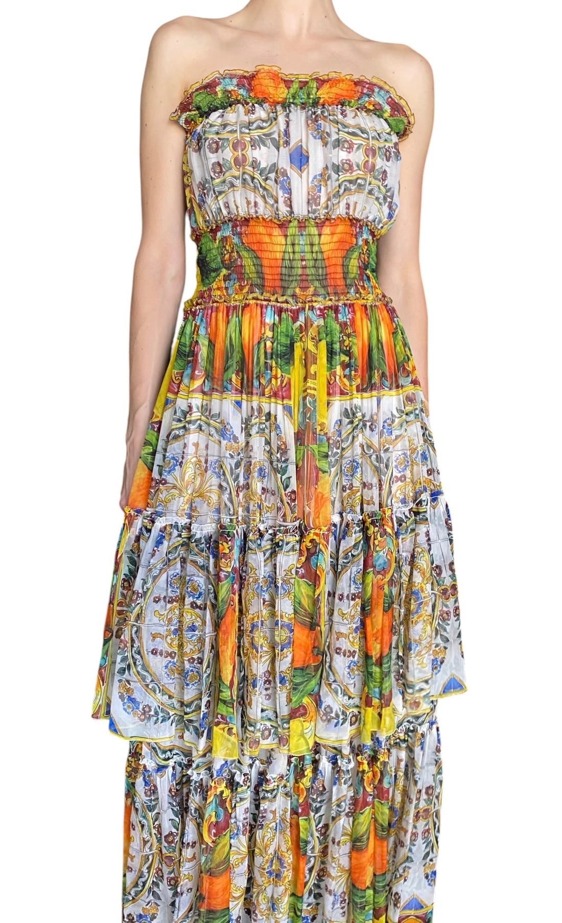 Dolce & Gabbana Orange Printed Silk Chiffon Tiered Strapless Maxi Gown - IT 44 / S-M