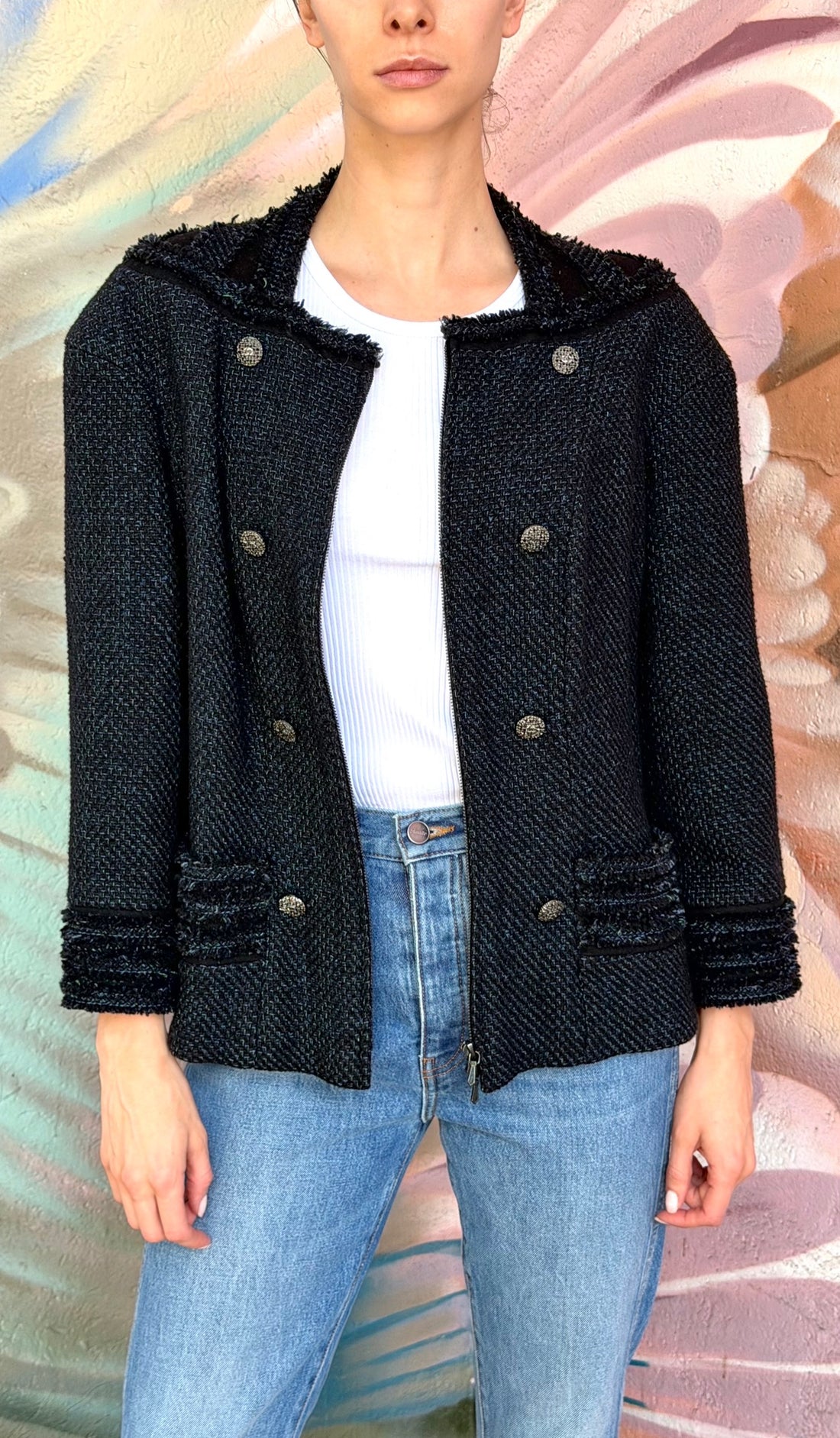 Chanel Navy Tweed CC Button Zip Down Jacket - FR 48
