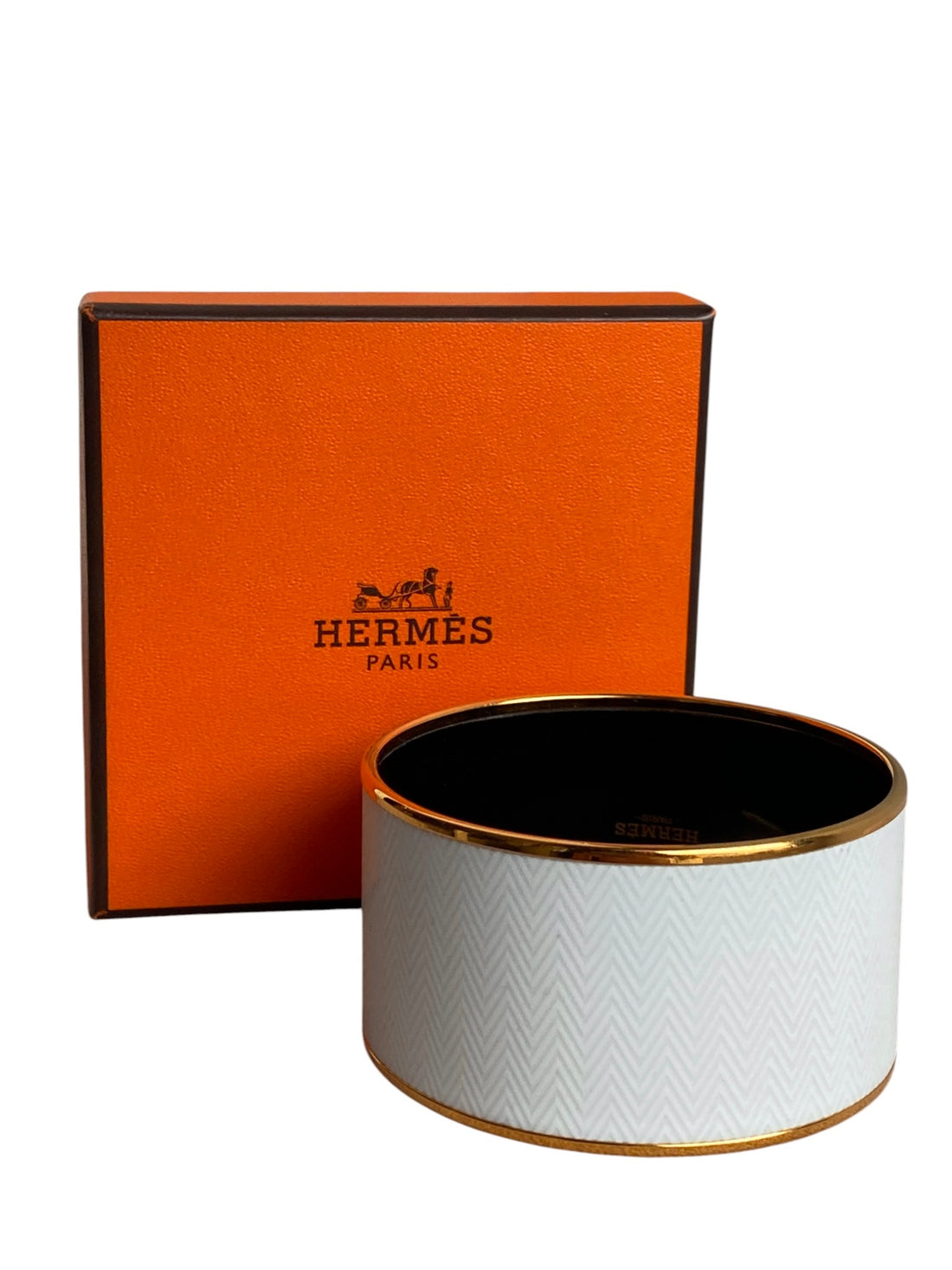Hermes White Chevron Enamel Extra Wide Bangle Bracelet GHW