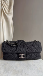 Chanel Black 2009 Ruched Nylon Patent CC Large Cloquee Flap Bag