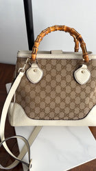 Gucci Ivory Leather Monogram Canvas Bamboo Diana Bag