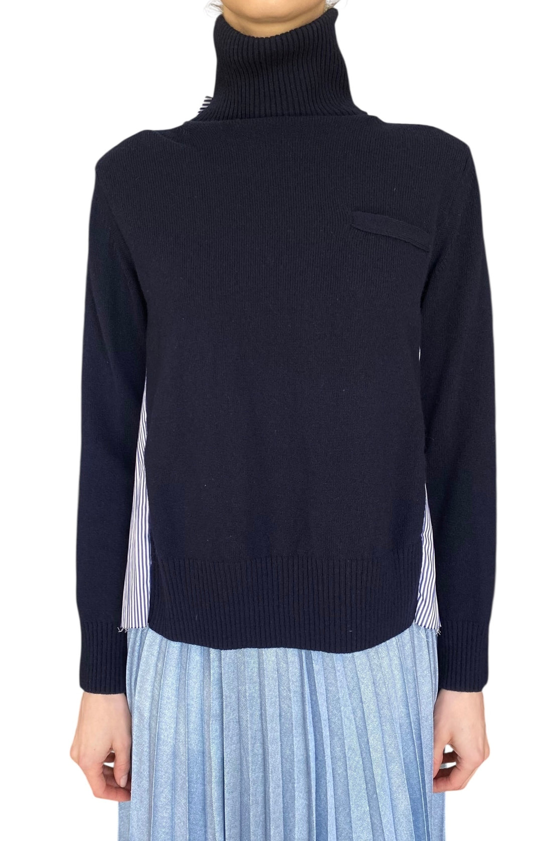 Sacai Navy Striped Pleated Panelled Turtleneck Sweater  - S / US 2-4