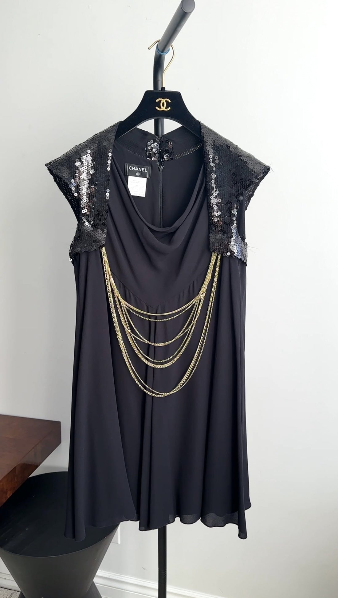 Chanel 07P Black Sequin Flare Dress with Gold Chains - FR40 / M I MISS YOU VINTAGE Chanel 07P Black Sequin Flare Dress with Gold Chains - FR40 / M I MISS YOU VINTAGE