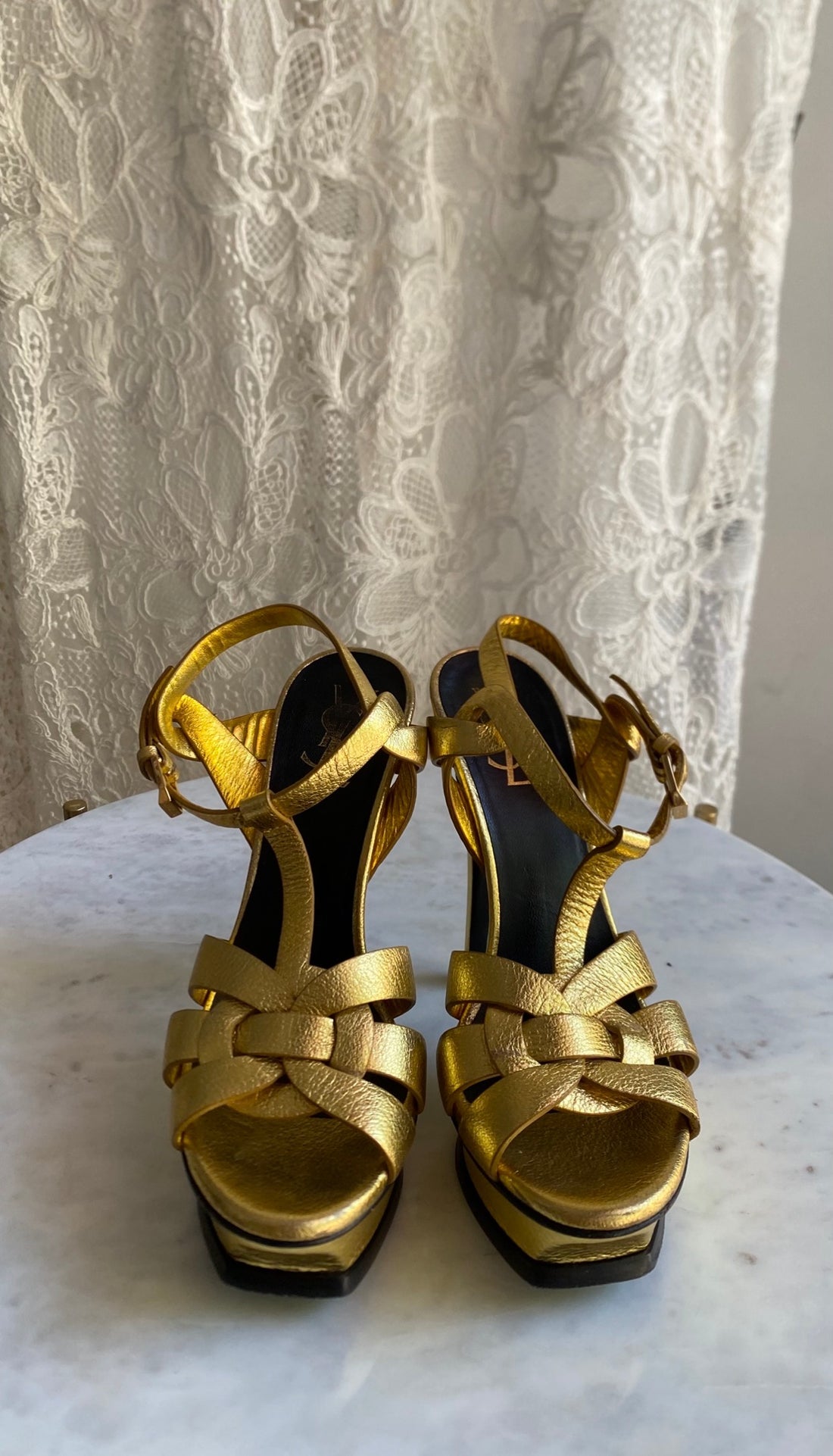 Saint Laurent Gold Metallic Leather Tribute Platform Sandals  - 36