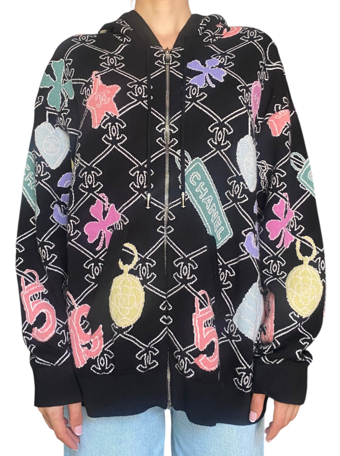 Chanel 2022 Cashmere Lucky Symbols Zip Hoodie Sweater - FR48 / XL