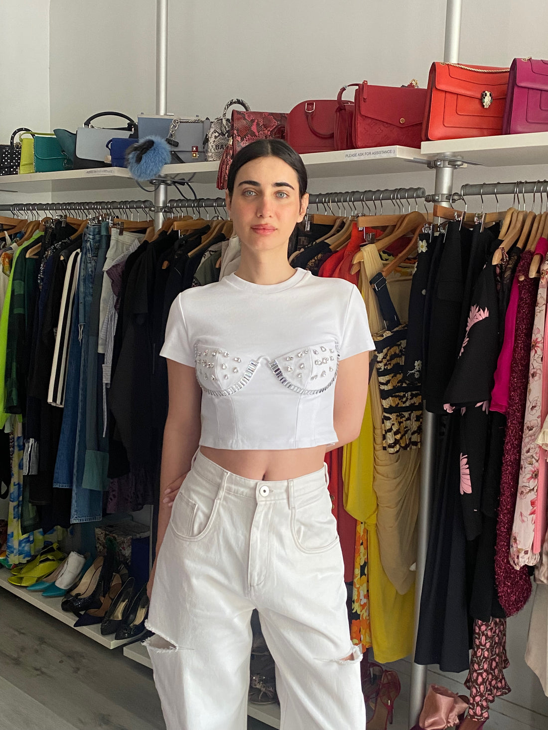 Area White Crystal Cup Embellished Jersey Crop Top - M / US 4-6