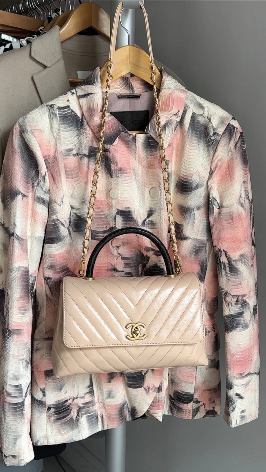 Chanel Nude Chevron Aged Leather and Exotic Top Handle Flap Bag