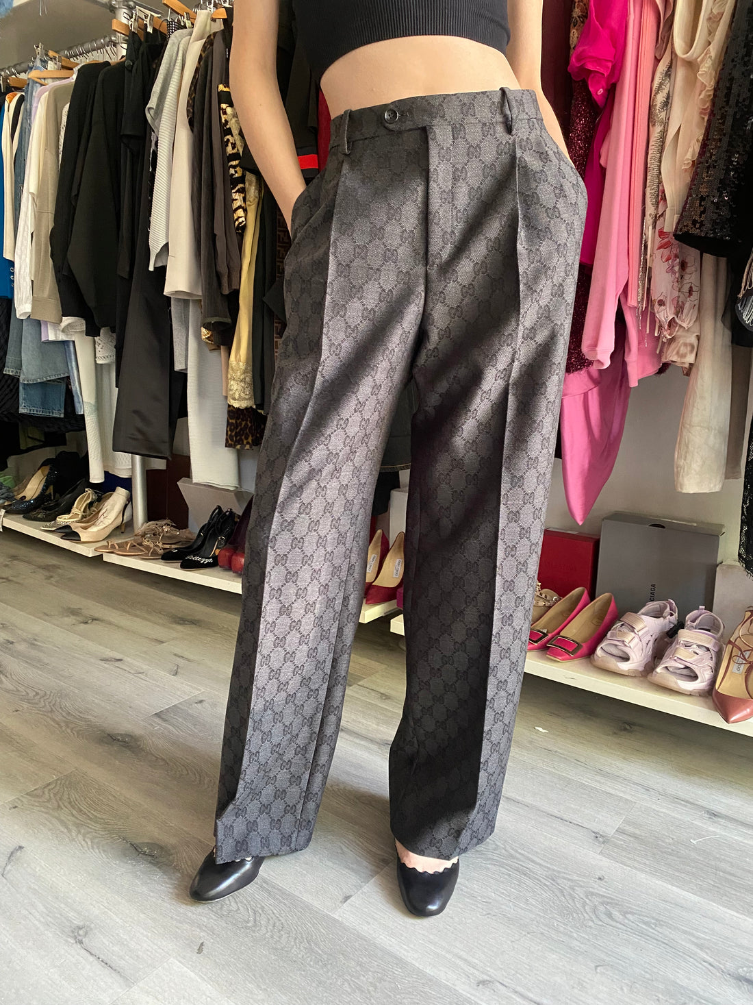 Gucci Grey 2025 Monogram Wide Leg Trousers - 42 / US 8