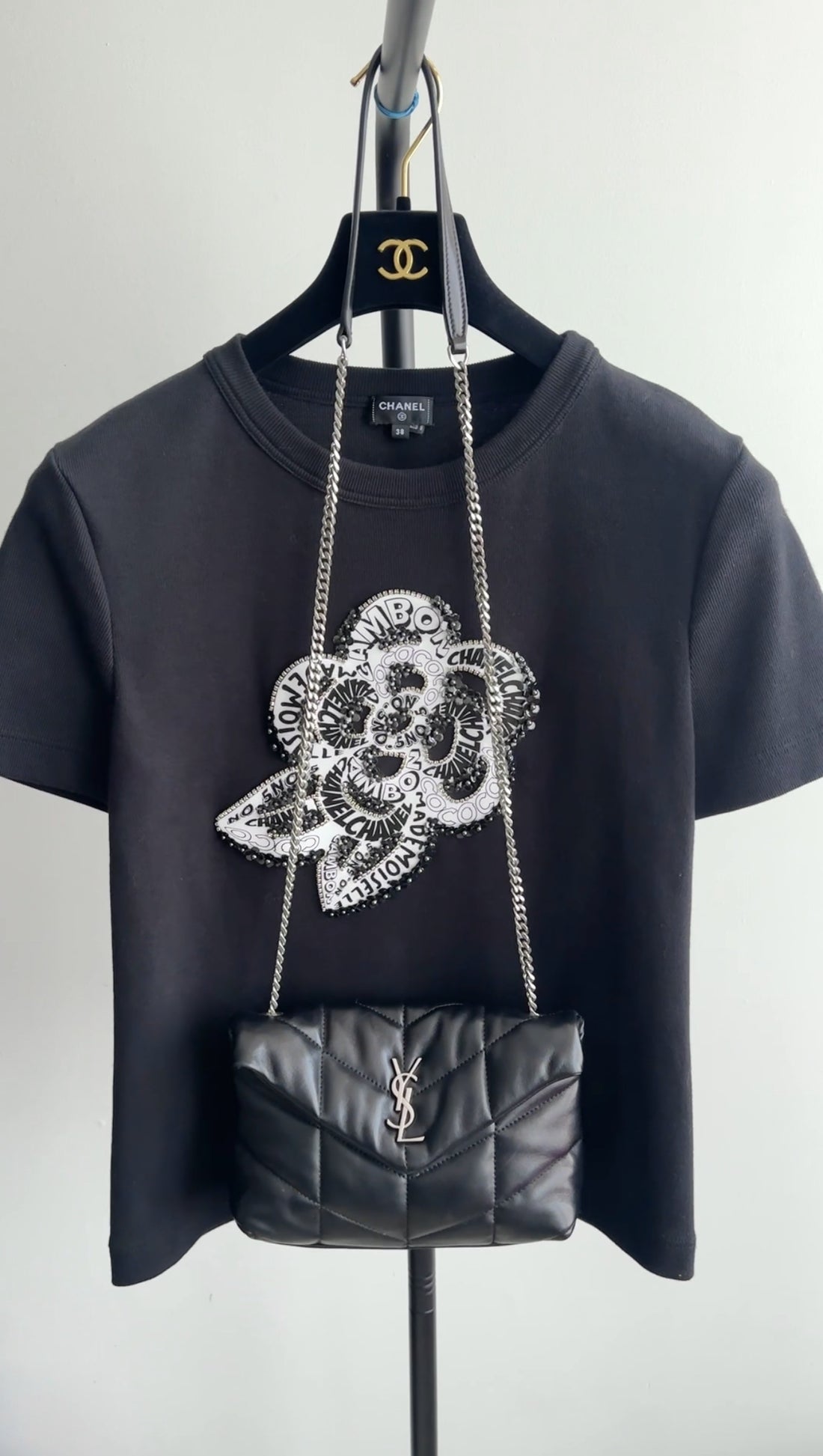 Chanel Black Cotton Camelia Logo Crystal Embellished T Shirt - 38 (S/M)