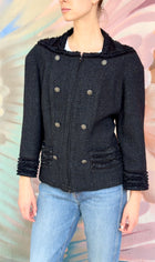 Chanel Navy Tweed CC Button Zip Down Jacket - FR 48