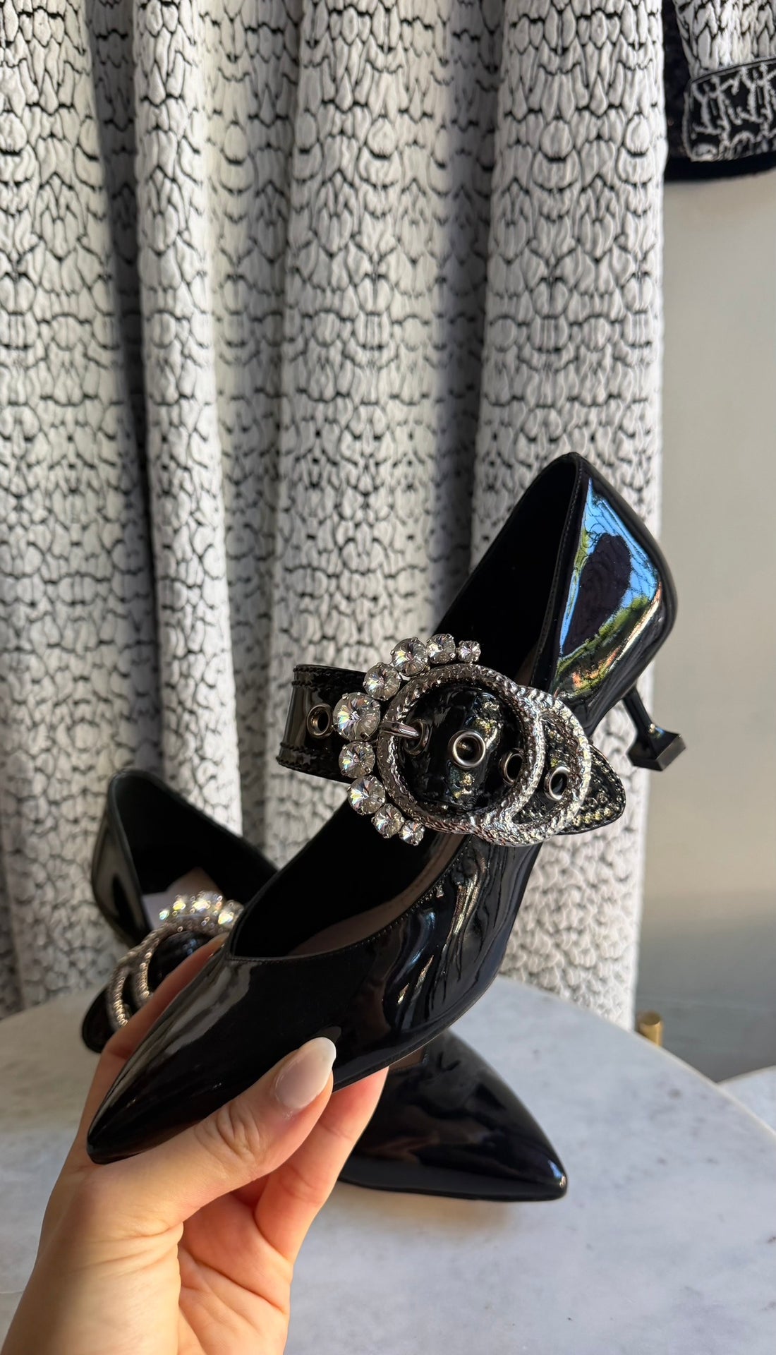 Miu Miu Black Patent Leather Crystal Buckle Mary Jane Pumps - 38.5
