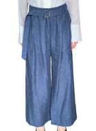 Brunello Cucinelli Blue Linen Belted Wide Leg Trousers - IT 42 / US 6