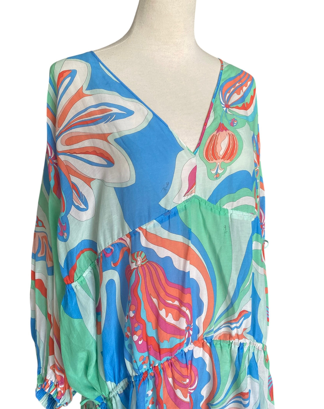 Emilio Pucci Blue Cotton & Silk Geo Printed Boho Backless Shift Dress - IT 44 / M-L